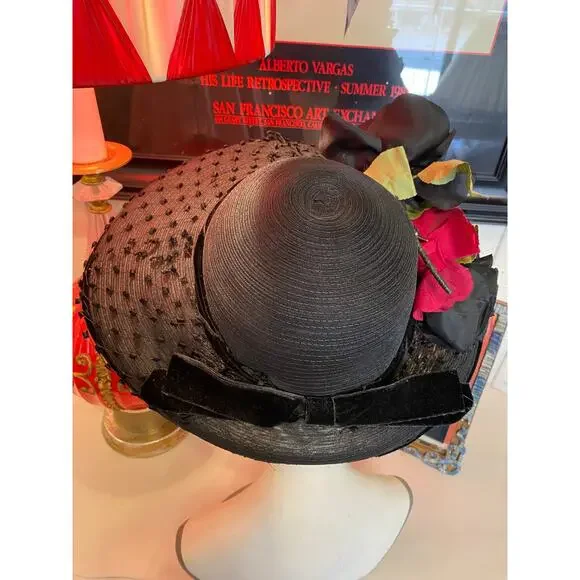 vintage 1940s black straw wide brim hat with veil and roses 40s film noir floral